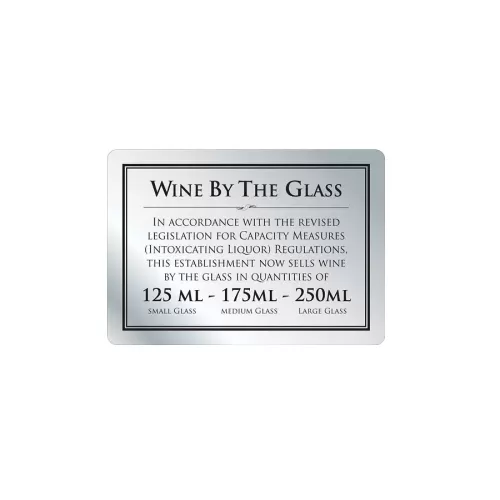 Mileta Silver Aluminium Rectangle Sign - Wine By The Glass 125ml, 175ml & 250ml 21 x 14.8cm - pack size 1