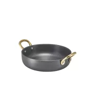 Genware Round Black Aluminium Mini Casserole Dish 15x4cm With Authentic Brass Handles - pack size 6