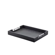 Genware Solid Black Acacia Wood Butlers Tray with Metal Handles 50x39.5x6cm - pack size 1