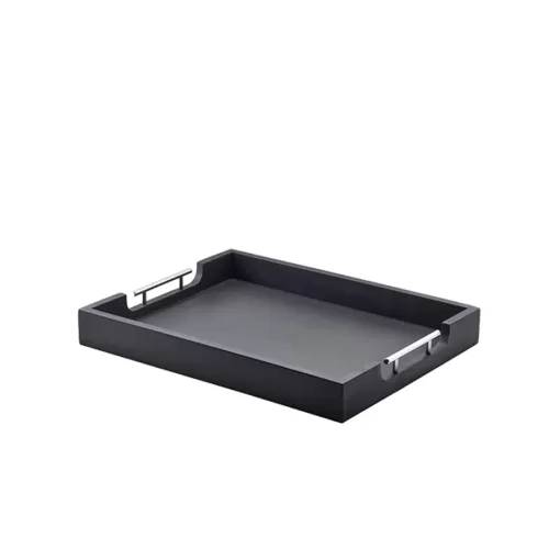 Genware Solid Black Acacia Wood Butlers Tray with Metal Handles 50x39.5x6cm - pack size 1