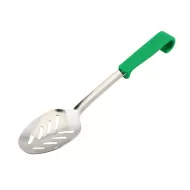 Genware Buffet Pro Serving Slotted Spoon Stainless Steel Green Plastic Handle - pack size 1