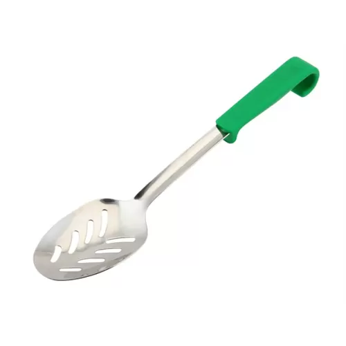 Genware Buffet Pro Serving Slotted Spoon Stainless Steel Green Plastic Handle - pack size 1