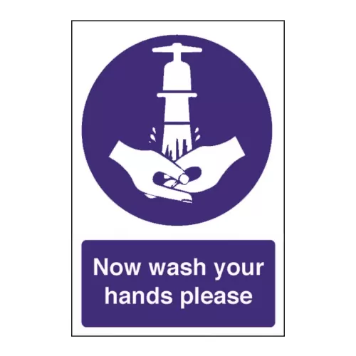 Mileta Kitchen Food Safety Sign Self Adhesive Vinyl 300 x 200mm - Now Wash Your Hands - pack size 1