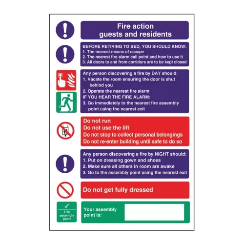 Mileta Safety Sign - Fire Action Guests & Residents 20x30cm - pack size 1
