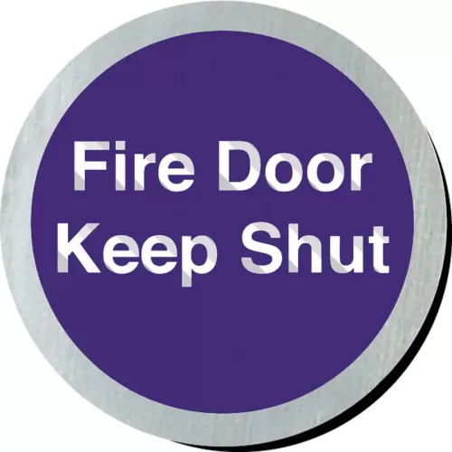 Mileta Safety Sign Rigid Silver Plastic - Fire Door Keep Shut 7.5cm Diameter - pack size 1