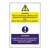 Mileta Warning Sign Self Adhesive Vinyl - Authorised Person, 18+ And Check Guards In Place 20 x 30cm - pack size 1
