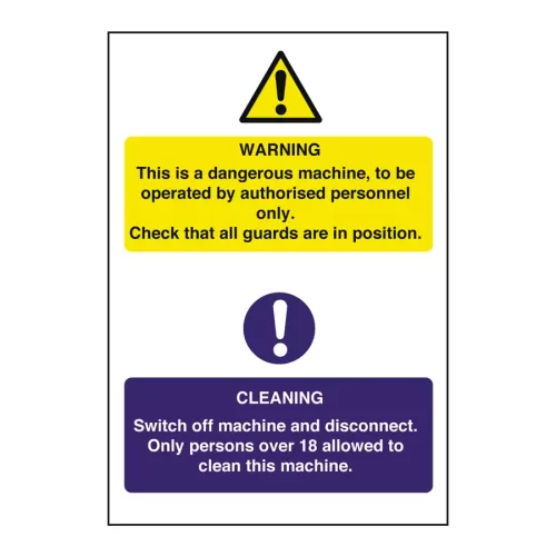 Mileta Warning Sign Self Adhesive Vinyl - Authorised Person, 18+ And Check Guards In Place 20 x 30cm - pack size 1